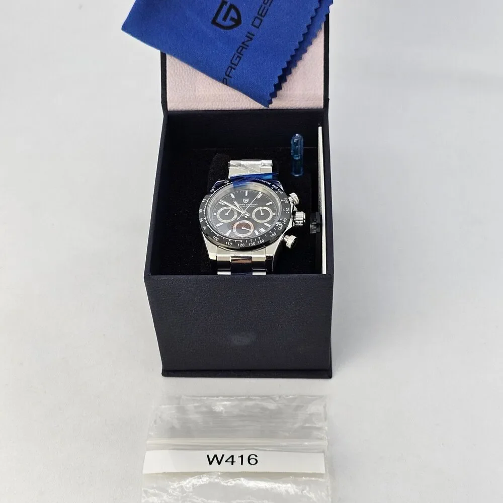 Pagani Design Men's Watch 40MM Black Dial‎ Black Bezel Gray Bracelet Band Date